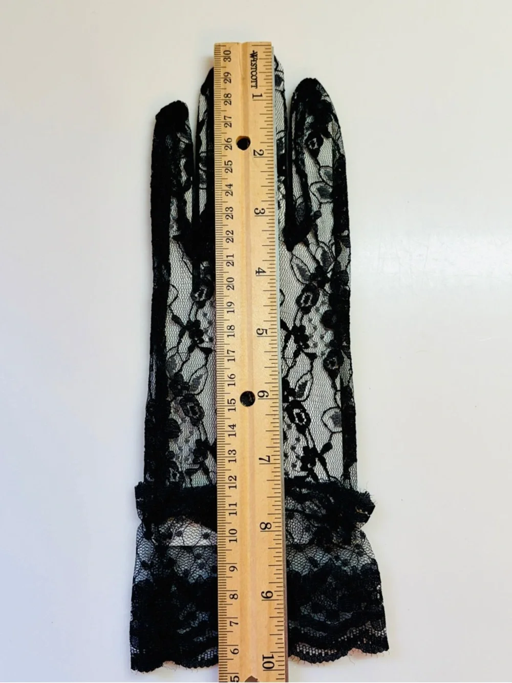 Vtg New Old Stock Black Lace Evening Gloves Mesh Wrist Ruffle Goth Costume